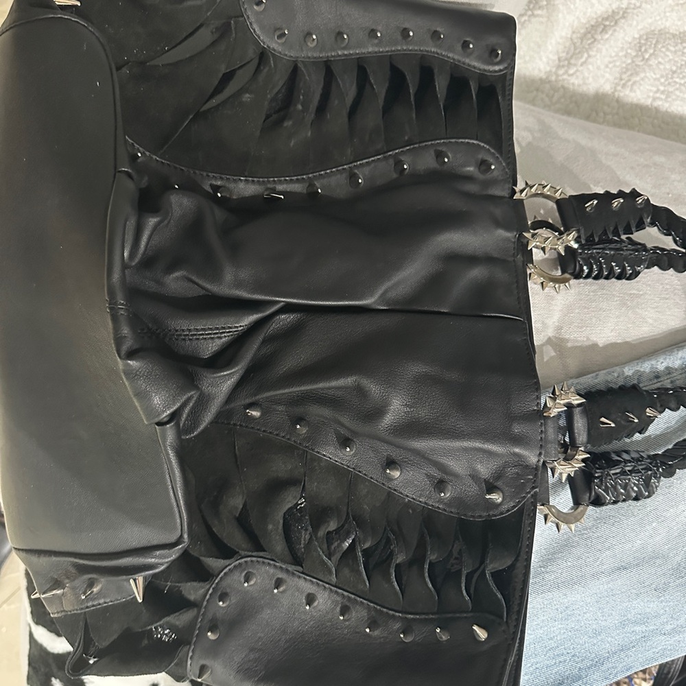 Christian Louboutin Black Leather Suede Spiked Tote - Rare Collection